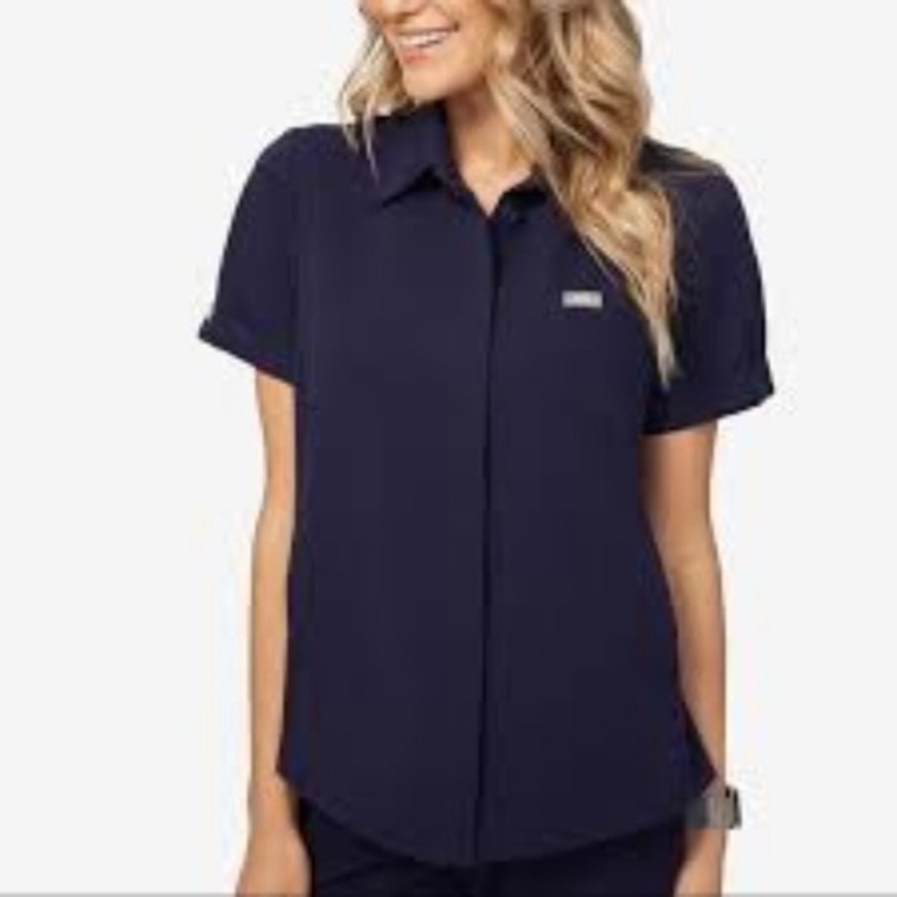Figs Navy Blue Button Front Scrub Top